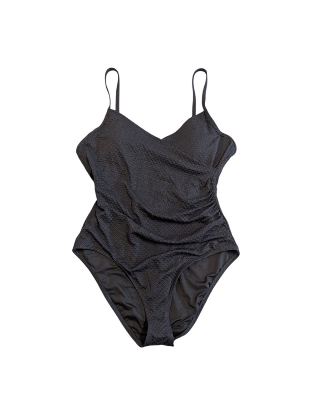 NWT Lands' End Black Textured Wrap One-Piece Swimsuit Padded Adjustable Straps